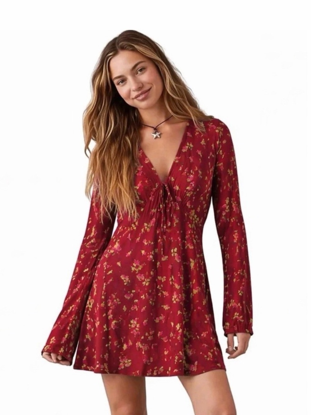 NWT Betsey Johnson burgandy Floral V-Neck Tie-Front Mini babydoll Dress